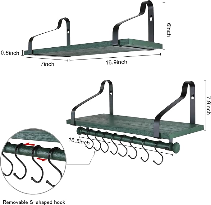 Gurfury Wooden Hanging Pot Rack with 8 hooks - Farmhouse Style Wall Mount Multifunctional Cookware Organizer Rack Kitchen Storage for Pans Utensils (Green)