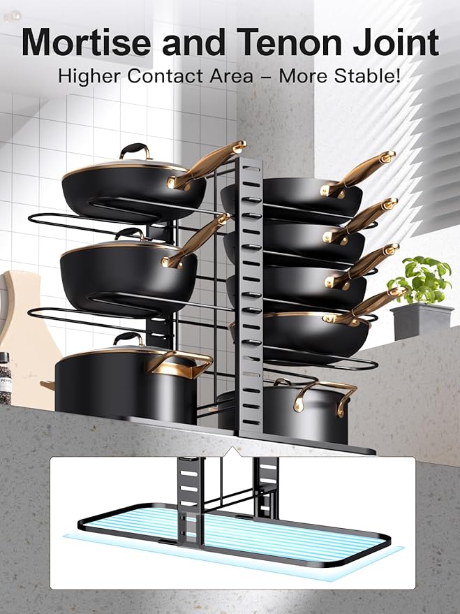 MUDEELA Pots and Pans Organizer : Rack under Cabinet, 8-Tier Kitchen Cabinet Organizers and Storage, Light-Duty Adjustable Pot Racks, Pan Organizers inside Cabinet with 3 DIY Methods