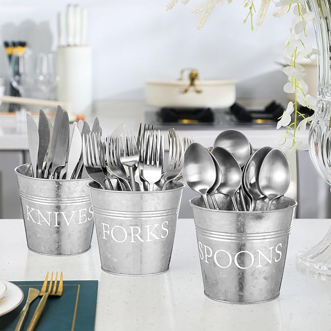 Honeydak 3 Pcs Farmhouse Silverware Holder Countertop Metal Cooking Utensil Caddy Fork Knife and Spoon Cutlery Organizers for Kitchen Counter, Cabinet, Drawer or Pantry