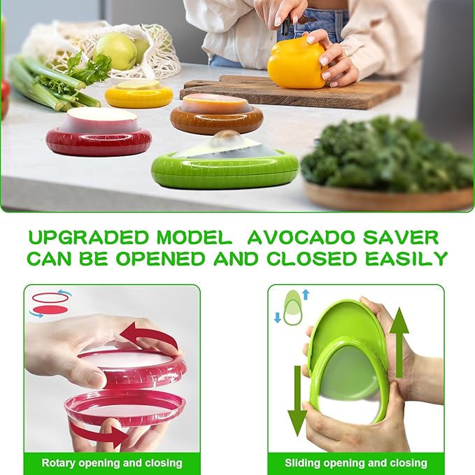 Avocado Saver and Onion Holder -Set of 4 Reusable Fruit and Veggie Savers for Fridge - BPA-Free, Prevent Flavor Mixing, Keep Fresh (Green, Brown, Red And Yellow)
