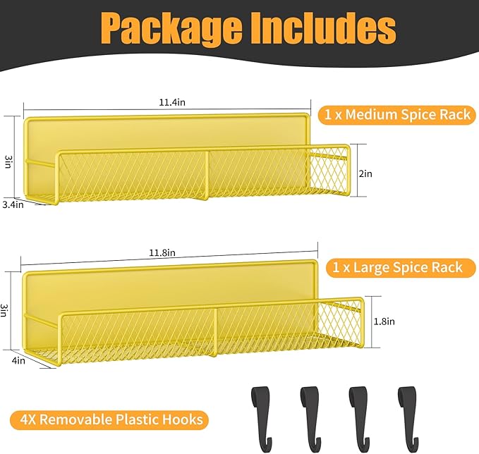 Magnetic Spice Rack for Refrigerator, 2 Pack Metal Magnetic Shelf, Moveable Spice Organizer with Hooks, Super Magnetic Fridge Shelf for Kitchen Organization and Storage, Yellow