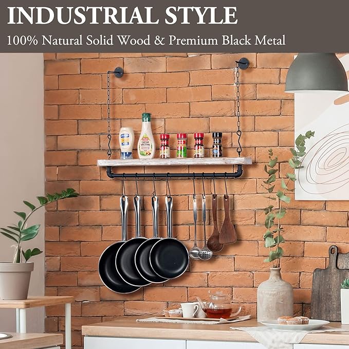 MyGift 30 Inch Ceiling or Wall Mounted Pot Rack with Shabby White Washed Solid Wood Shelf and Industrial Matte Black Metal Pipe, Hanging Cookware Utensils Organizer with 8 S-Hooks