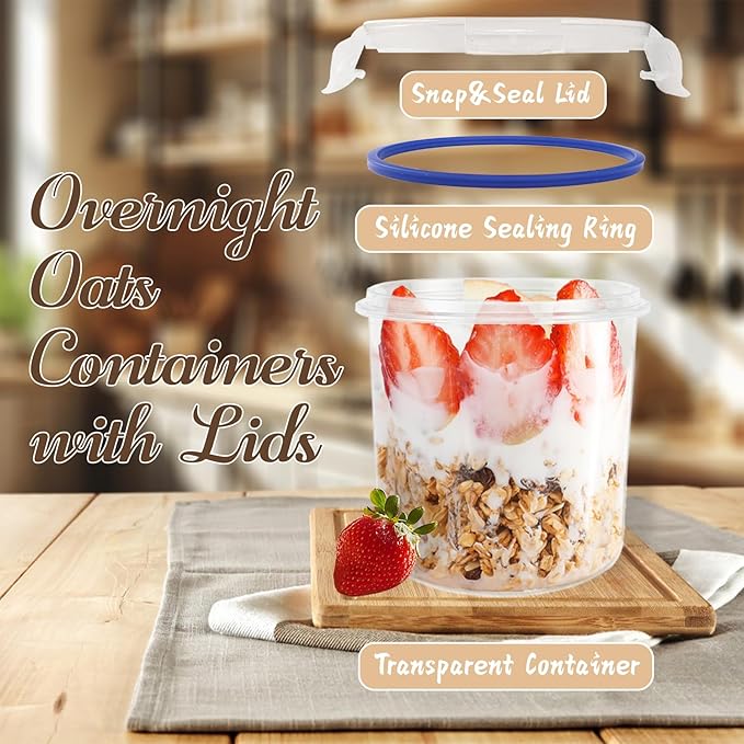 Szsrcywd 4 Pcs Overnight Oats Containers with Lids,16 oz Plastic Oatmeal Prep Container Jars,Reusable Cereal Yogurt Fruit Storage Cups for Breakfast Lunch Picnics