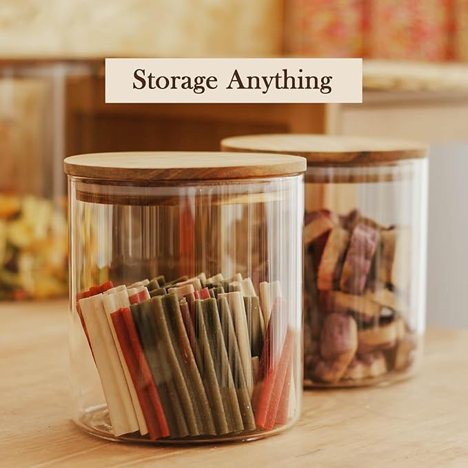 Labina Glass Storage Container Airtight Food Jars Kitchen Canister with Wood Lids, 50 Oz Wide Mouth Pantry Organization Glass Jar for Flour, Sugar, Cookie, Spagetti, Nuts and Candy (2 Pack)