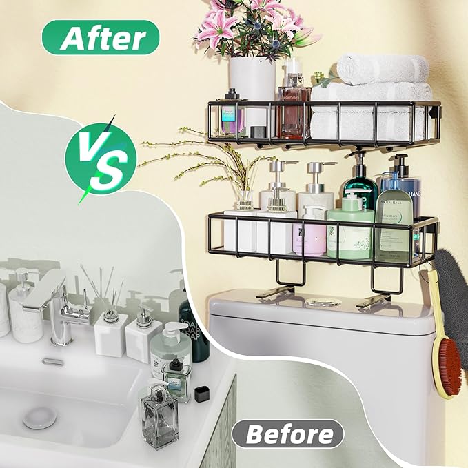 Hanging Storage Basket Wall Mount for Paper Towel Holder, Heavy Duty Metal Kitchen Bathroom Shower Spice Rack Home Decor Essentials, 2 Set, Black