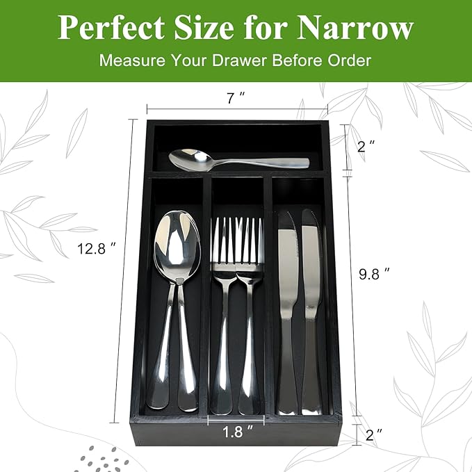 Small Silverware Organizer for Drawer Bamboo Kitchen Utensil Tray Narrow Cutlery Drawer Organizer Flatware Caddy Wooden Utensil Drawers Spoon Fork Holder Black Skinny Silverware Trays Organizers