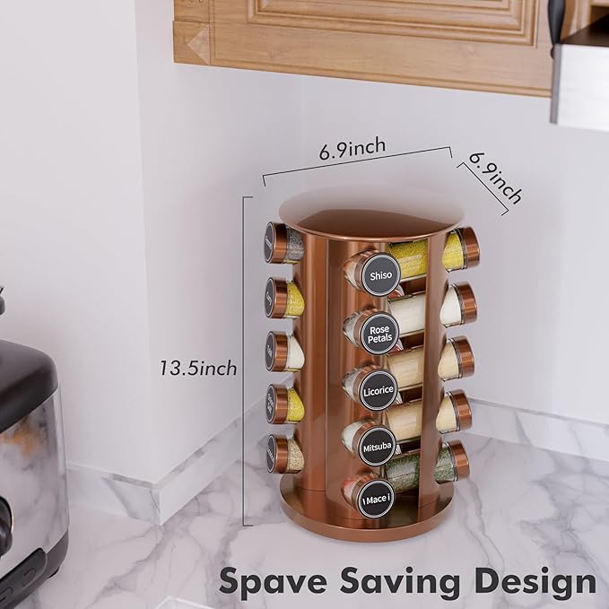 New England Stories Revolving Spice Rack Set with 20 Spice Jars, Kitchen Spice Tower Organizer for Countertop or Cabinet - Carousel Storage Includes 386 Spice Labels (Gold)