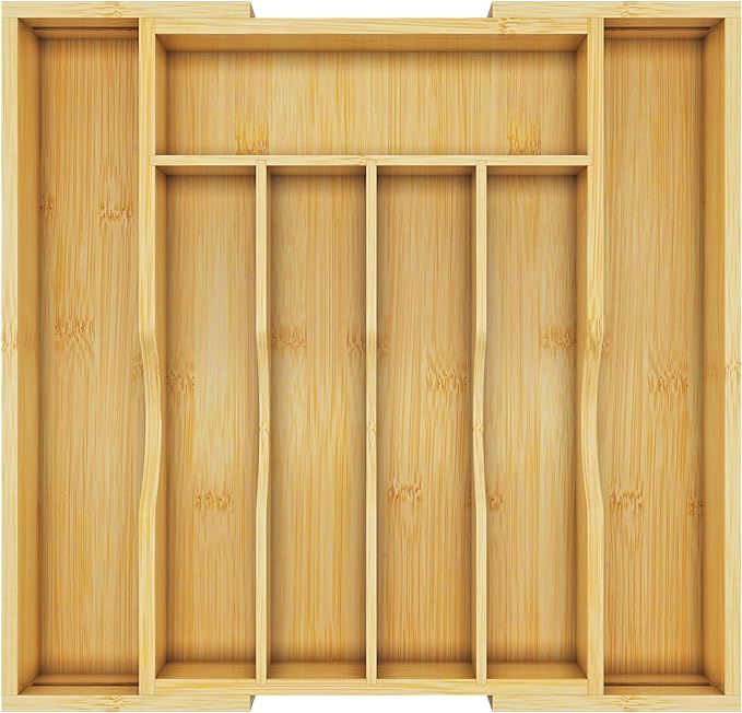 BAMBUROBA Bamboo Kitchen Drawer Organizer,Expandable Silverware Organizer,Utensil Holder and Cutlery Tray with 7 Slots,Gadgets Storage Divider,Natural
