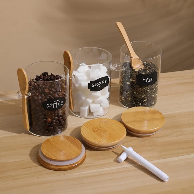 Glass Sugar Jar with Bamboo Lid - 15oz Sugar Container with Spoon and Labels and Pen Make Storage Easy, Borosilicate Glass Jars for Coffee Beans, Tea, Sugar, Bath Salt, Overnight Oats and More