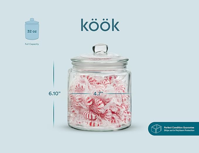 KooK Glass Storage Jars with Lids - 32oz (Set of 2), Kitchen Canisters for Sugar, Cookies, Cotton Balls, Glass Containers with Chalkboard Labels and Airtight Lid