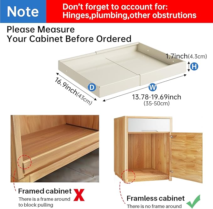 Pull Out Cabinet Organizer,Expandable(13.78''-19.69''),Strong load-bearing nano adhesive fixed metal shelf,Suitable for kitchen cabinets, sideboards, bathrooms, under sinks(16.9''Deep,White)