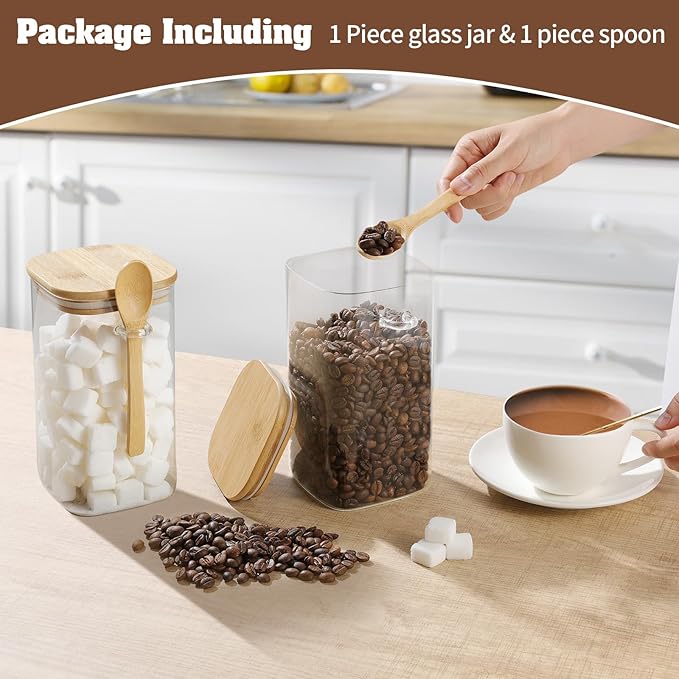 Glass Square Storage Jar with Bamboo Lids Spoons Glass Coffee Canister 40 Oz (1200 mL) Borosilicate Glass Food Container for Coffee Beans Nut Pasta Sugar Candy Spice Rice Loose Tea