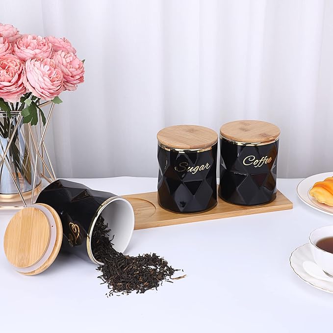 JUXYES Ceramic Canisters Set for Sugar Coffee Tea, Luxurious Storage Containers Set with Lids Decorative Storage Pots Black Storage Jar for Kitchen Counter Dining Room