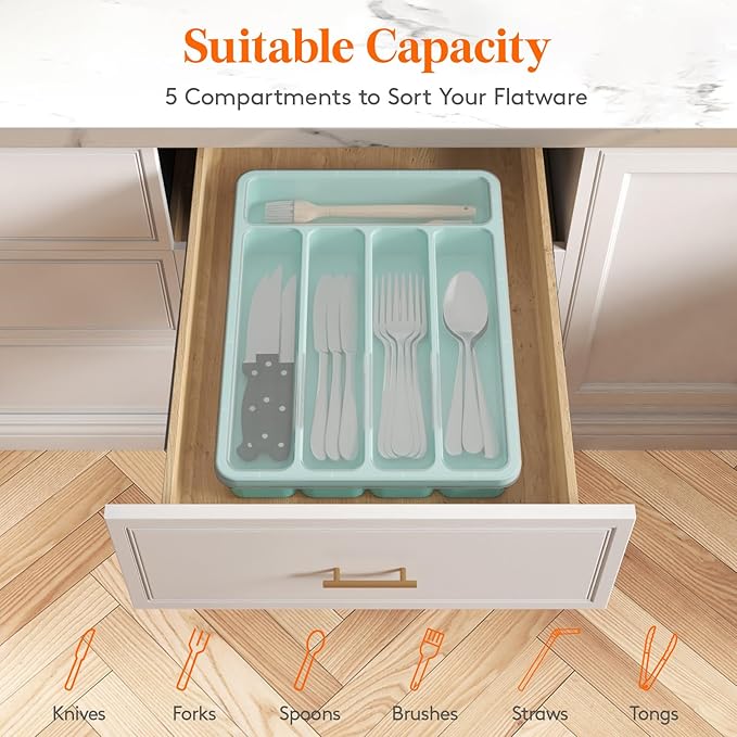 Lifewit Silverware Organizer with Lid, Covered Utensil Tray for Kitchen Drawer and Countertop, Plastic Cutlery and Flatware Storage Box for Spoons Forks Knives Holder Case, 5 Compartments, Turquoise