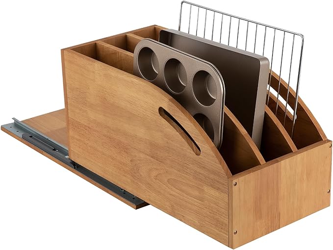 DINDON Pull Out Cabinet Organizer for Pans, Pot lid, Cookie Sheet, Cutting Board, Baking Tray, Slide Out Kitchen Cabinet Storage Organizer, 10.5''W X 21"D X 10.6"H, Wood