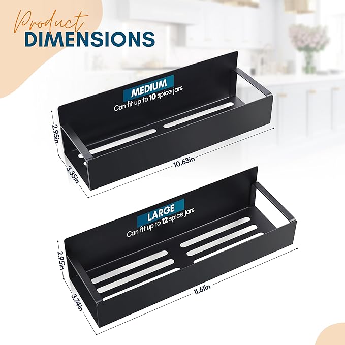 Magnetic Spice Rack for Refrigerator - Strong Magnetized Shelf for Fridge Storage - 2 Pack with 4 Moveable Hooks - Versatile Kitchen Organizer - Space-Saving Fridge Magnet Shelves