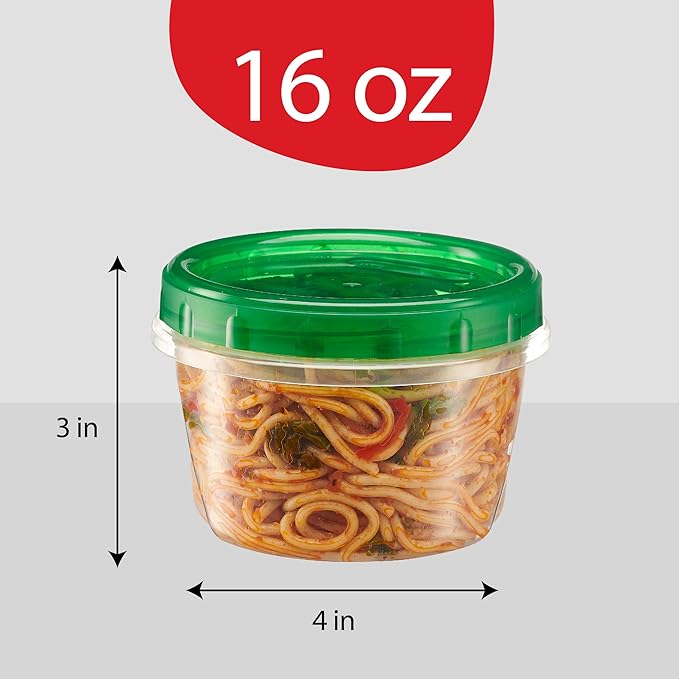 PLASTICPRO 12 Pack Twist Cap Food Storage Containers with Green Screw on Lid- 16 oz Reusable Meal Prep Containers - Freezer and Microwave Safe Green Plastic Food Storage