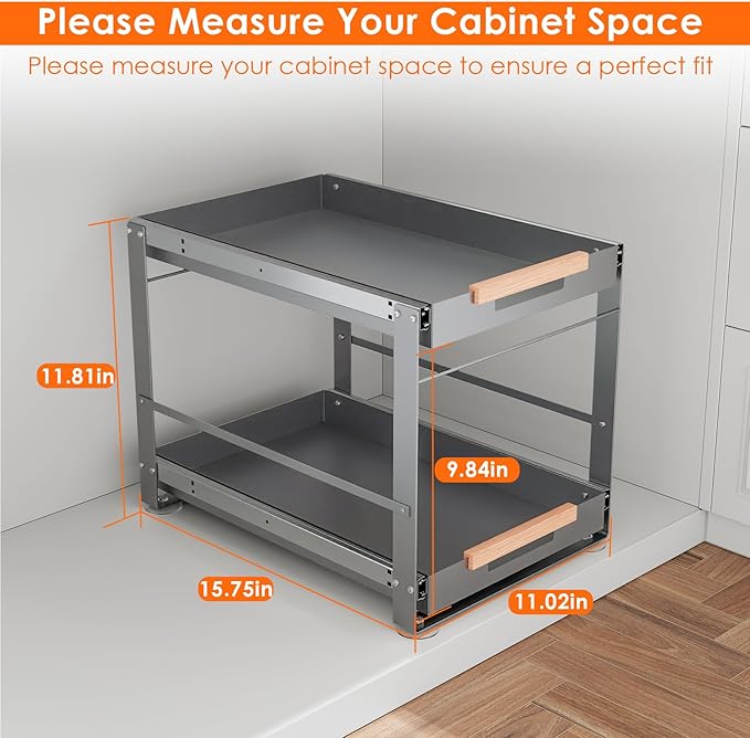 Under Sink Organizer, Pull Out Cabinet Organizer 2 Tier Slide Out Sink Shelf Cabinet Storage Metal Shelves, Sliding Under Sink Storage for Kitchen Bathroom Laundry Cabinet, Grey, 1 Pack (Gray)