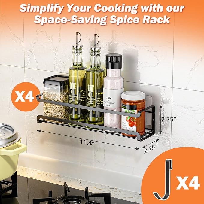 Spice Rack wall mounted, Space-Saving Spice Organizer for Spice Jars and Seasonings,Screw or Adhesive Hanging Spice Rack Organizer for Your Kitchen Cabinet,or Pantry Door