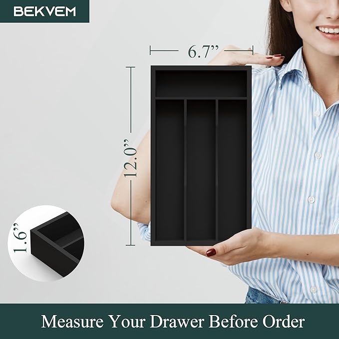 Small Silverware Organizer, Bamboo Kitchen Drawer Organizer, Utensil Holder, Cutlery Tray & Spoon Flatware Storage with Grooved Drawer Dividers (Black)