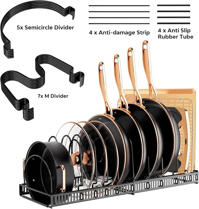 Expandable Pot and Pan Organizer Rack - Adjustable Kitchen Cabinet Holder for Pots, Lids, and Pans