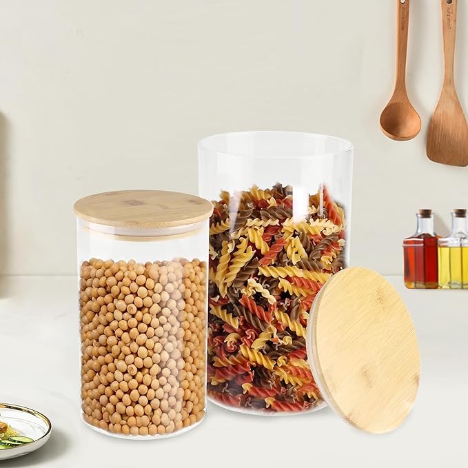 2 Pack 140oz+40oz Glass Food Storage Jars with Bamboo Lids Airtight, Clear Glass Storage Containers Food Canisters for Flour, Candy, Cookie, Nuts, Kitchen Pantry Organization Jar, BPA Free