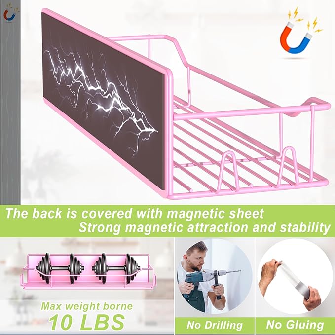 Magnetic Spice Rack for Refrigerator, 4 Pack Metal Strong Magnet Spice Organizer Shelves, Magnetic Fridge Shelf for Kitchen Seasoning Organizer Gadgets, Home Organization and Storage (Pink)