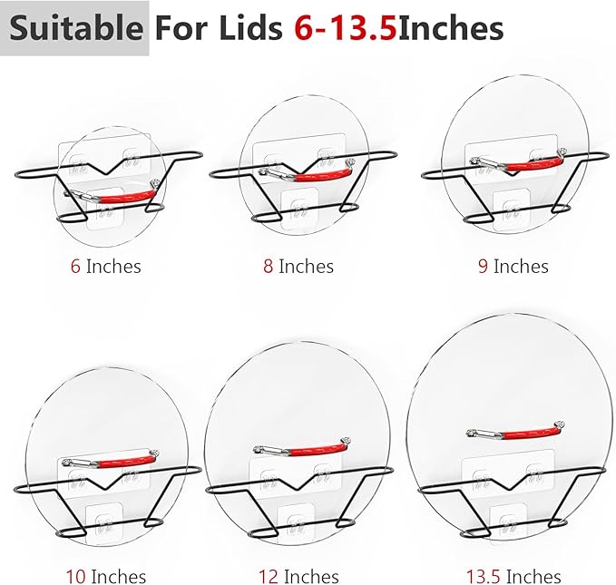 3 Pack Pot Lid Organizer, Rust Resistant Pan Lid Holder Organizer, No Drilling Adhesive Pot Lid Holder Inside Cabinet Door Wall Mount, Black Metal