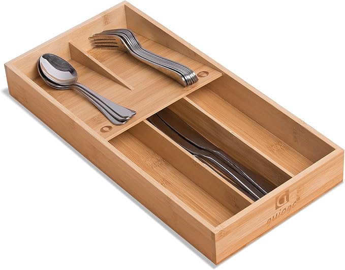 Bamboo Silverware Organizer, Kitchen Silverware Drawer Organizer, Utensil Tray Holder, Cutlery Tray for Spoons, Forks, Knives