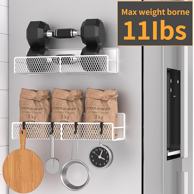 Magnetic Spice Rack for Refrigerator, 2 Pack Metal Magnetic Shelf White, Moveable Spice Organizer with Hooks, Super Magnetic Fridge Shelf for Kitchen Organization and Storage