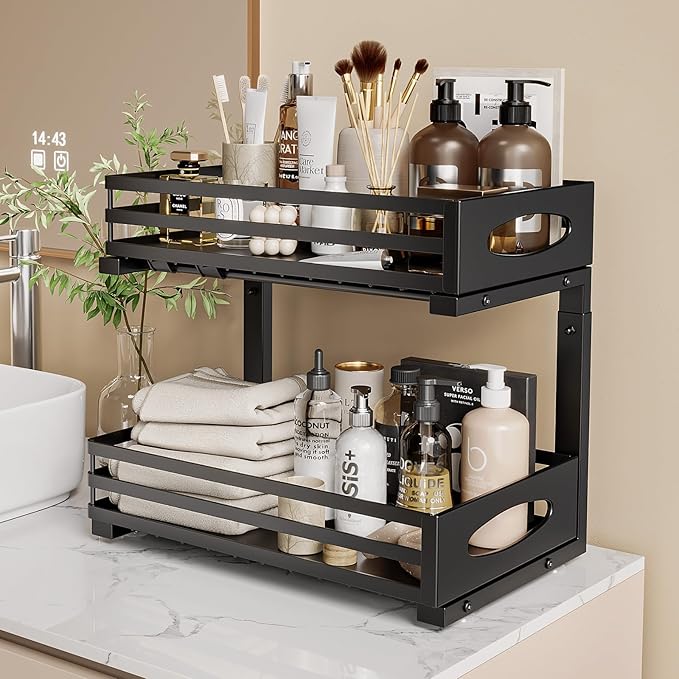 Under Sink Organizer, Pull Out Cabinet Organizers, Slide Sink Steel Shelf Cabinet Storage Shelves, Under Sink Storage for Kitchen Bathroom Cabinet (Black, 2 Pack)