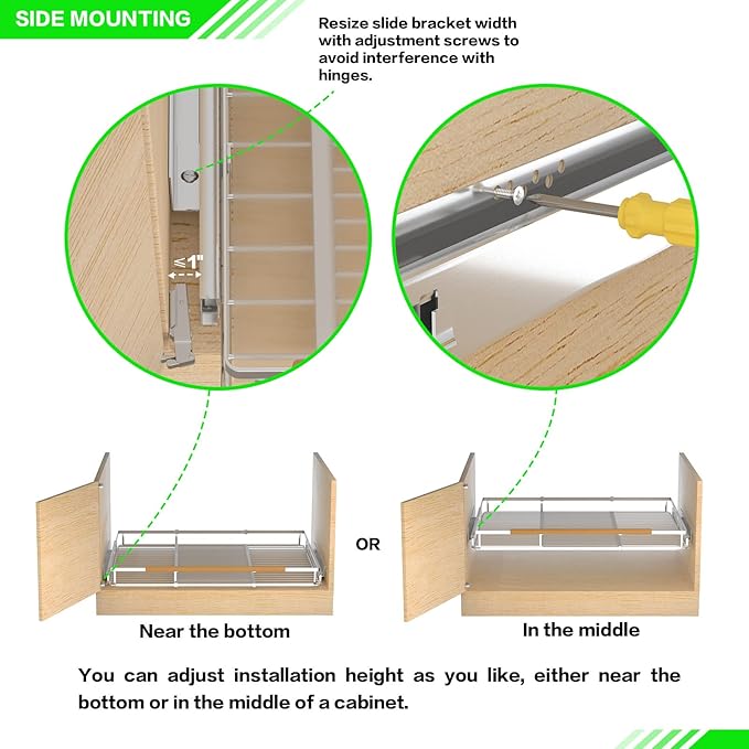 Pull Out Cabinet Organizer,2 Packs of Expandable Slide Out Cabinet Drawer D:22.2” x W:16.9”-28”,Heavy Duty Stainless Steel Gliding Cupboard Shelf for Kitchen Cabinet Pantry Under Sink or Closet