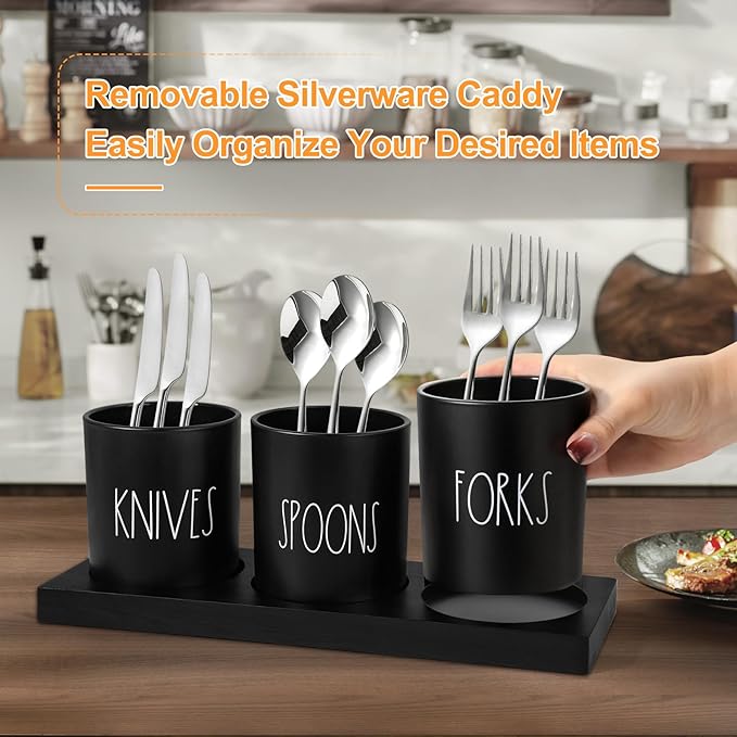 Silverware Caddy, 4 Pieces Kitchen Utensil Holder for Countertop, Black Utensil Holder for Party, Silverware Holder for Party with Wood Tray, Farmhouse Cutlery Holder Storage Organizer