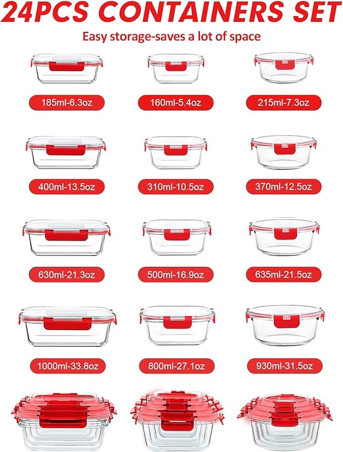 VERONES 24 Pieces Glass Food Storage Containers Set, Airtight Glass Lunch Containers, Glass Meal Prep Containers with Lids,Exclusive of BPA, for Microwave, Oven, Freezer & Dishwasher Friendly,Red