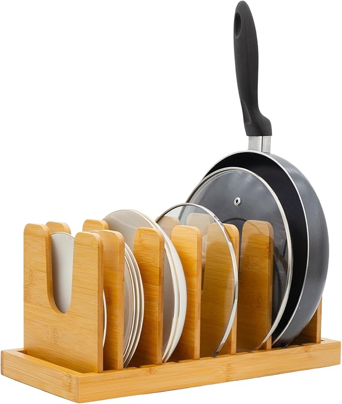 MinBoo Bamboo Pot Lid Organizer Pot Lid Holder, Pot and Pan Organizer Drawer Organizer for Pot Lids, Pans, Cutting Boards & Baking Sheets, Dinner Plates