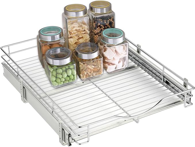 DINDON Pull Out Cabinet Organizer, (20" W x 18" D) Heavy-Duty Metal Sliding Drawer Shelf, Bathroom Under Sink Kitchen Cabinets Organizer and Storage Slide Out Shelves, Chrome, 1 Tier, 2 Pack