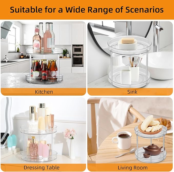 2 Tier Lazy Susan Organizer, 11 Inch Clear Lazy Susan Turntable for Cabinet, Pantry Organization and Storage, Spice Rack for Bathroom, Kitchen, Vanity, Makeup Organizer, Fridge(2 Tier)