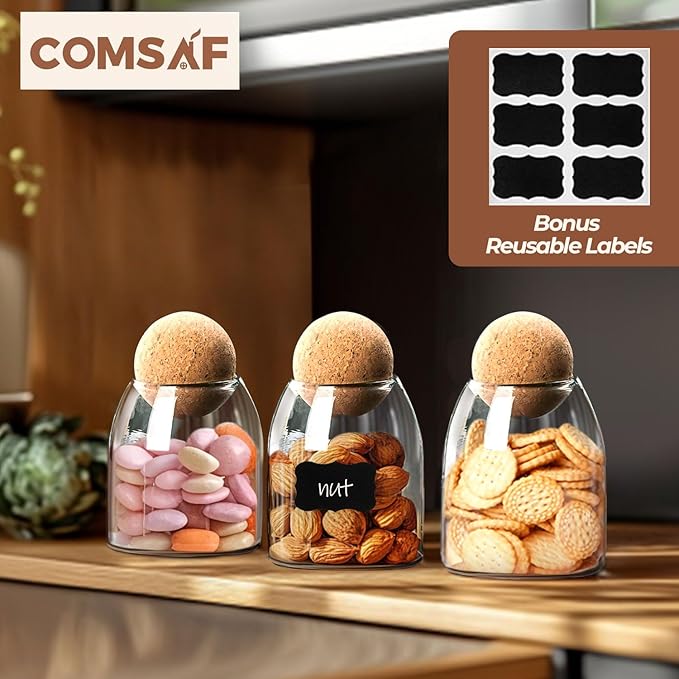 ComSaf Glass Storage Container with Ball Cork, 16 OZ Small Glass Jar with Cork Lids, 3 Pack Candy Jar, Tip Jars, Decorative jars, Cute Jars for Coffee, Sugar, Salt, Apothecary Cotton Swab Qtip Holder