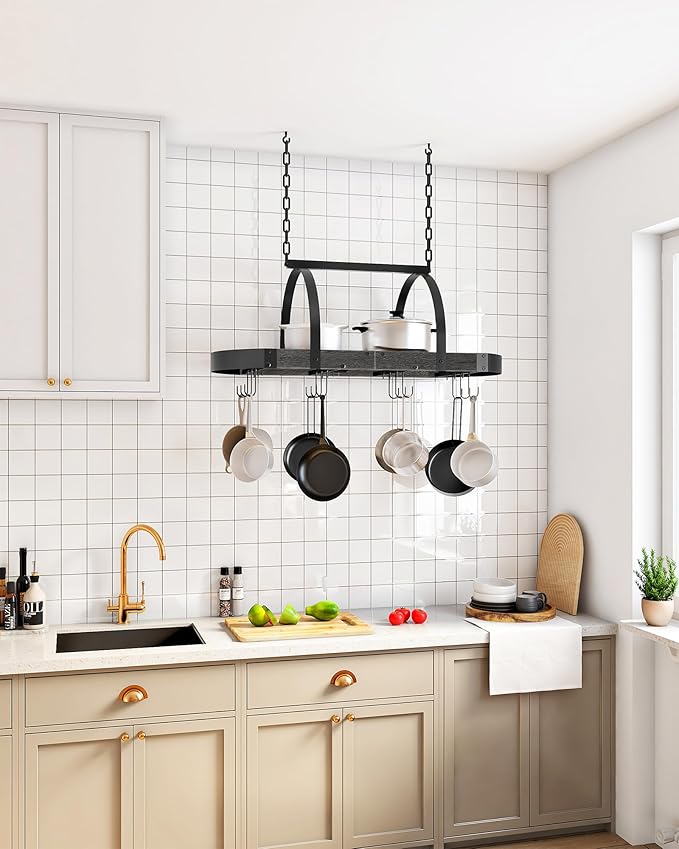 Hanging Pot Rack, Pot Hanger for Kitchen, Ceiling Mounted Pot Holder, Cookware Organizer with 12 S-Shaped Hooks, for Pot, Pan Storage, Space-Saving, Charcoal Black and Black TPR08BCC1