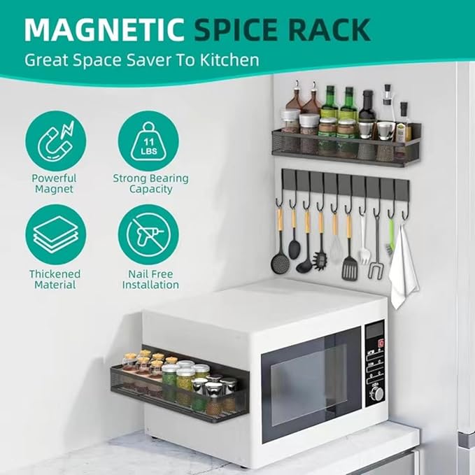 Magnetic Spice Rack for Refrigerator, 3 Pack Magnetic Shelf, Moveable Magnetic Fridge Organizer with 10-Hook Rack, Seasoning Organizer for Kitchen Organization and Storage