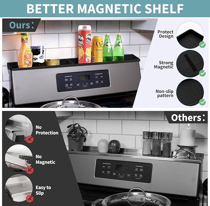 BFONS 30" Magnetic Stove Top Shelf Spice Rack Storage, Silicone Top Heat Material Stove Rack Seasoning Organizer Kitchen Gadgets Kitchen Organization(Black)