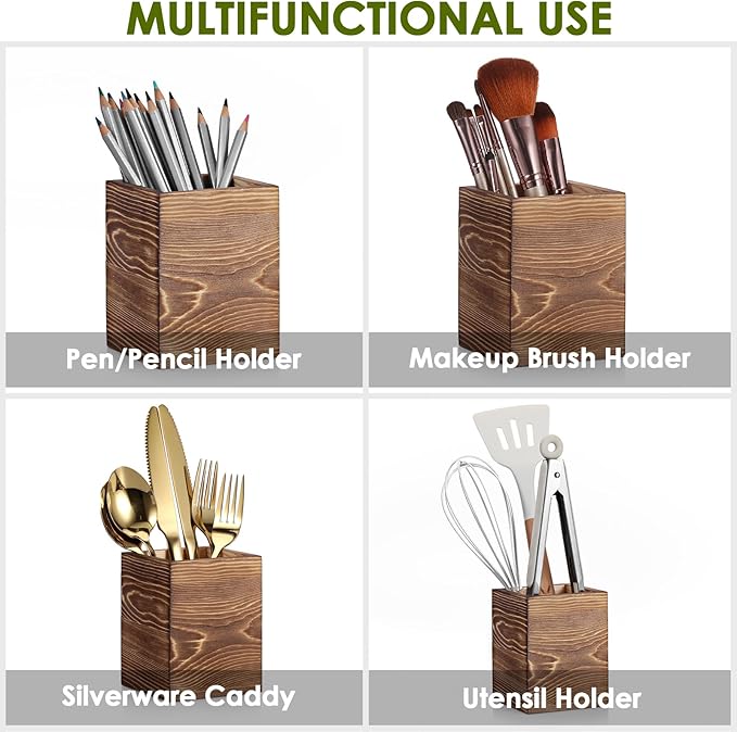 Wooden Utensil Caddy, Farmhouse Kitchen Silverware Holder with 3 Compartment, Flatware Organizer with Black Portable Metal Tray, Utensil Cutlery Organizer for Forks Spoons Knives, Wood
