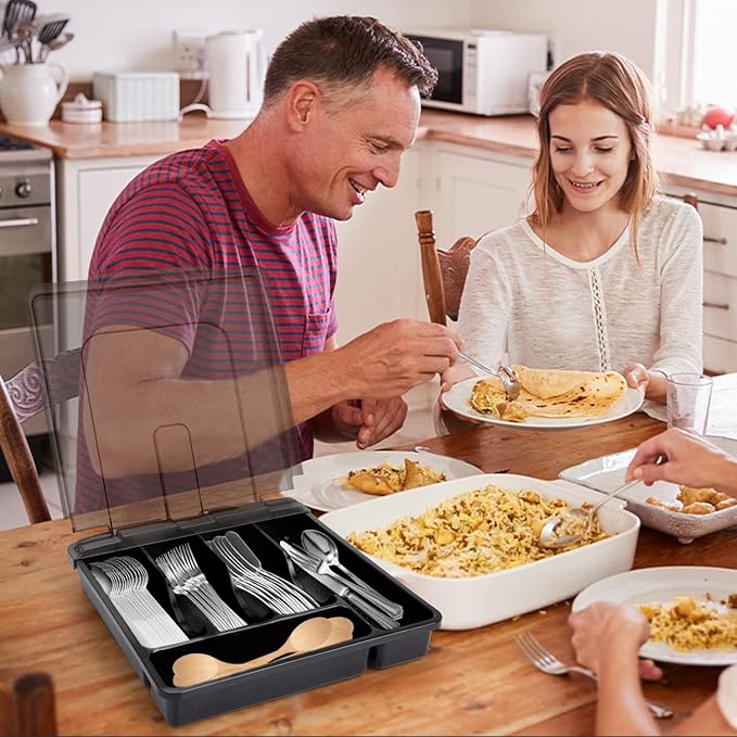 Silverware Organizer with Lid for Drawer, Plastic Utensil Holder for Countertop, Flatware Organizer Cutlery Tray with Cover 5 Compartments (Black)