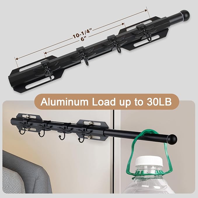 12" Valet Rod for Closet Pull Out with 4 Dragonfly-shaped Hooks, Black