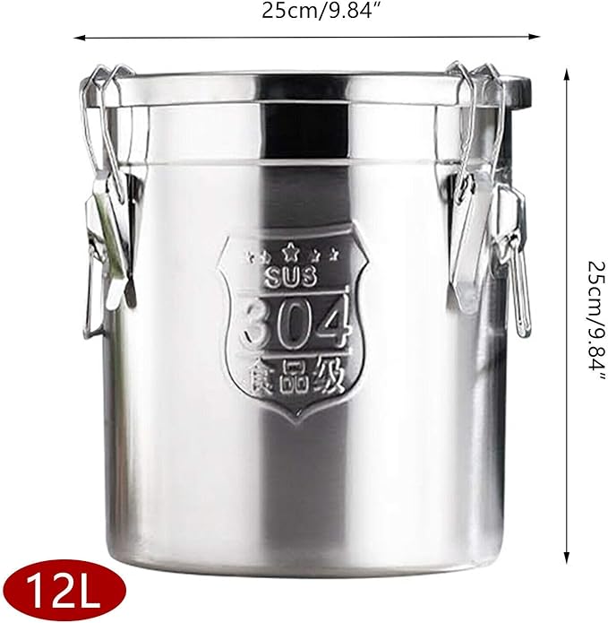 Stainless Steel Airtight Canister for Kitchen, Rice Cereal Grain Canisters Container for Household Kitchen Food Bean Flour Oil Sugar Milk Cookie Storager Bucket w/Handles Lid (12L)