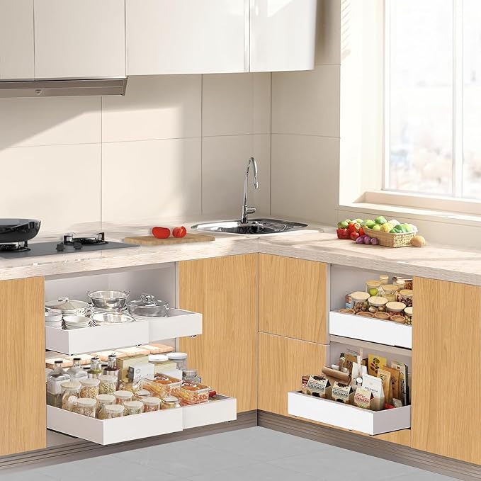 Pull out Cabinet Organizer, Expandable(12.2"-20.5") Heavy Duty Slide Out Drawers, Fixed with Adhesive Nano Film or Screw, Roll out Shelf Storage for Kitchen Base Cabinet Organization(21‘’Deep)
