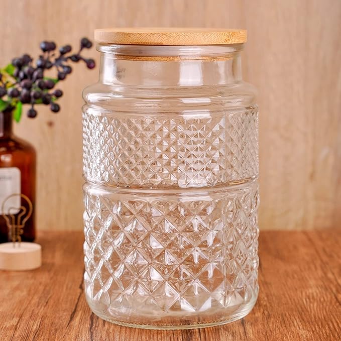WHJY Glass Storage Container with Lid, Airtight Glass Jars, Farmhouse Tea Canister, Dog Treat Jar for Pet, Glass Candy Cookies Coffee Canister Jar Bath Salt Container - Round 67 oz
