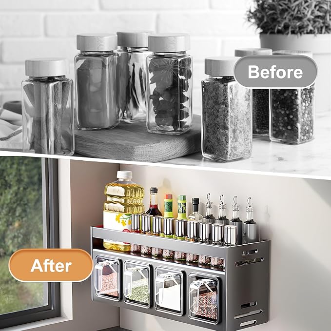 Kitchen Spice Rack, Kitchen Organizer and Storage Rack, Spice Organization for Cabinets Punch-free Wall/Countertop Home Decor Multifunctional Double Layer 4 Grid Condiment Rack, Gray