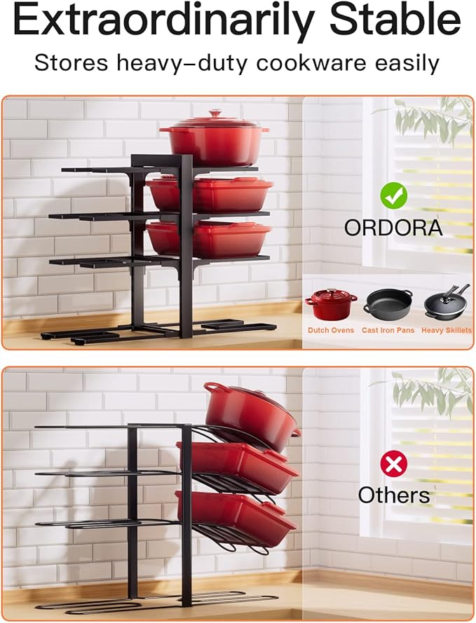 ORDORA Pots and Pans Organizer: Rack for Cabinet, 8-Tier Heavy Duty 120LBS Pots Pans Organizer Rack under Cabinet Adjustable for Dutch Ovens, Cast-iron Pans, Heavy Skillets Griddles, Shallow Pots
