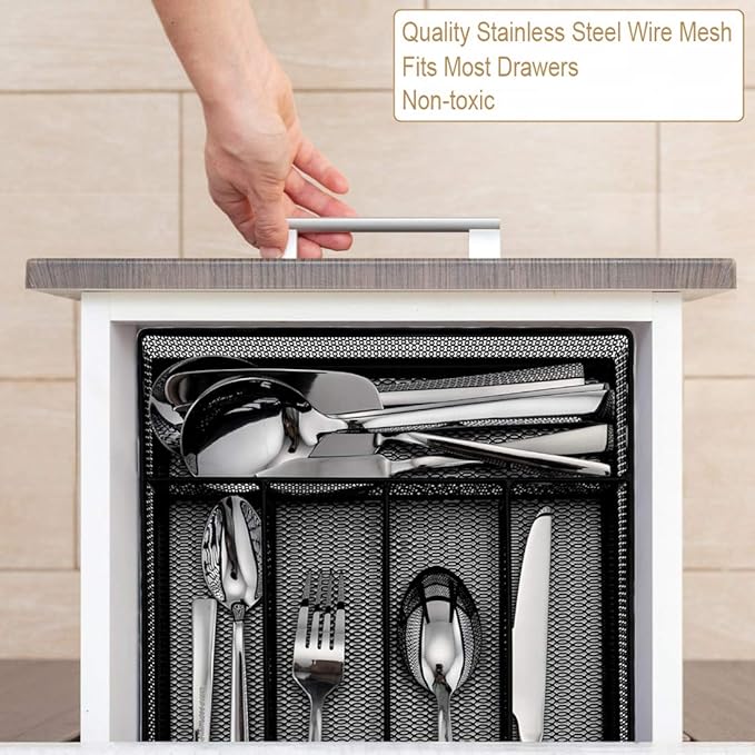 HaWare Utensil Drawer Organizer, Mesh Wire Silverware Organizer Divider for Kitchen, Stainless Steel Cutlery Flatware Storage Tray with Non-Slip Foam Feet, 5 Compartment, 12.5 x 9.2Inch, Black